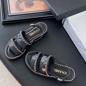 Black Sandals with Gold Chain Detail